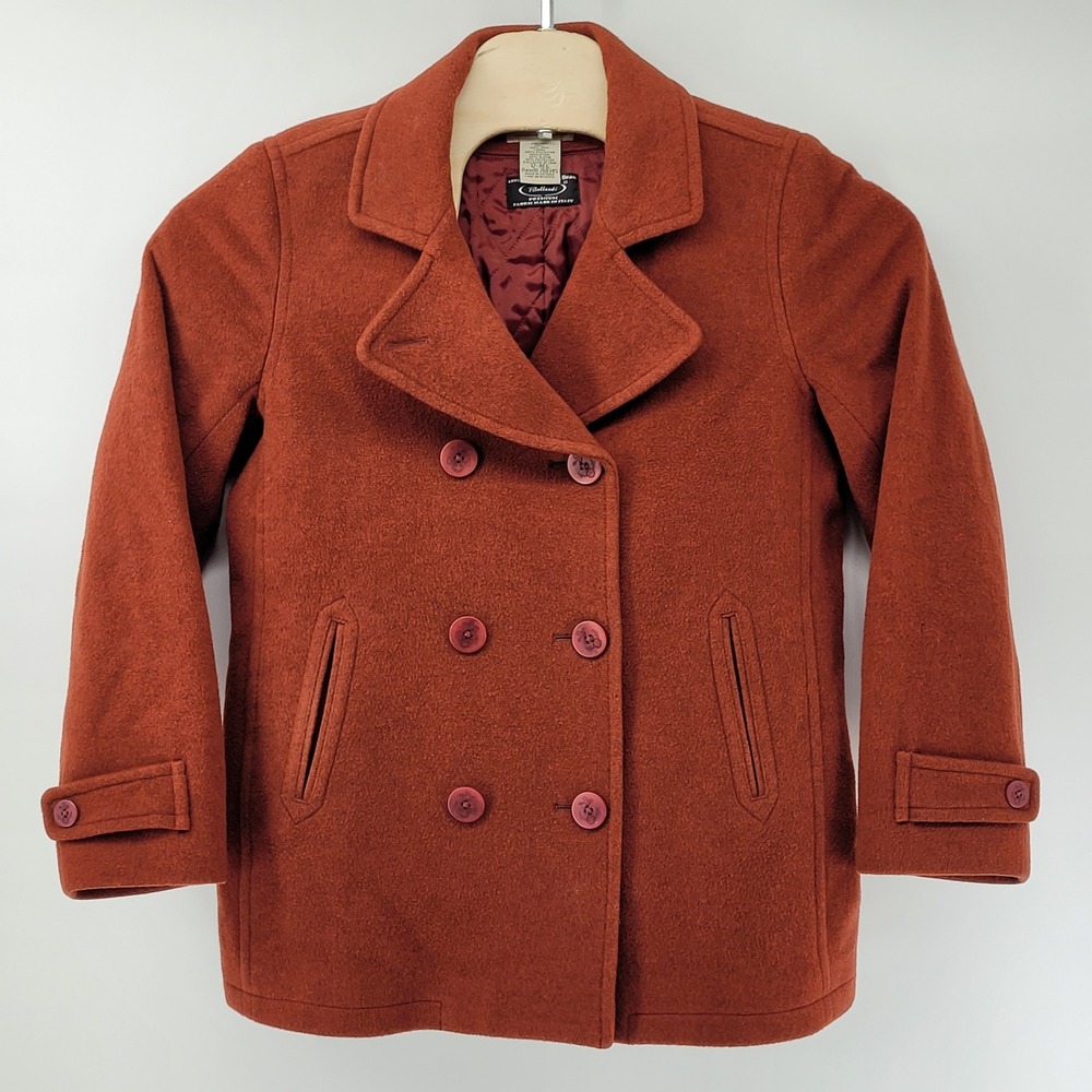 LL Bean Pea Coat Womens 12 Rust Orange Wool Quilted Lining Anchor Buttons 260345 - Picture 1 of 8